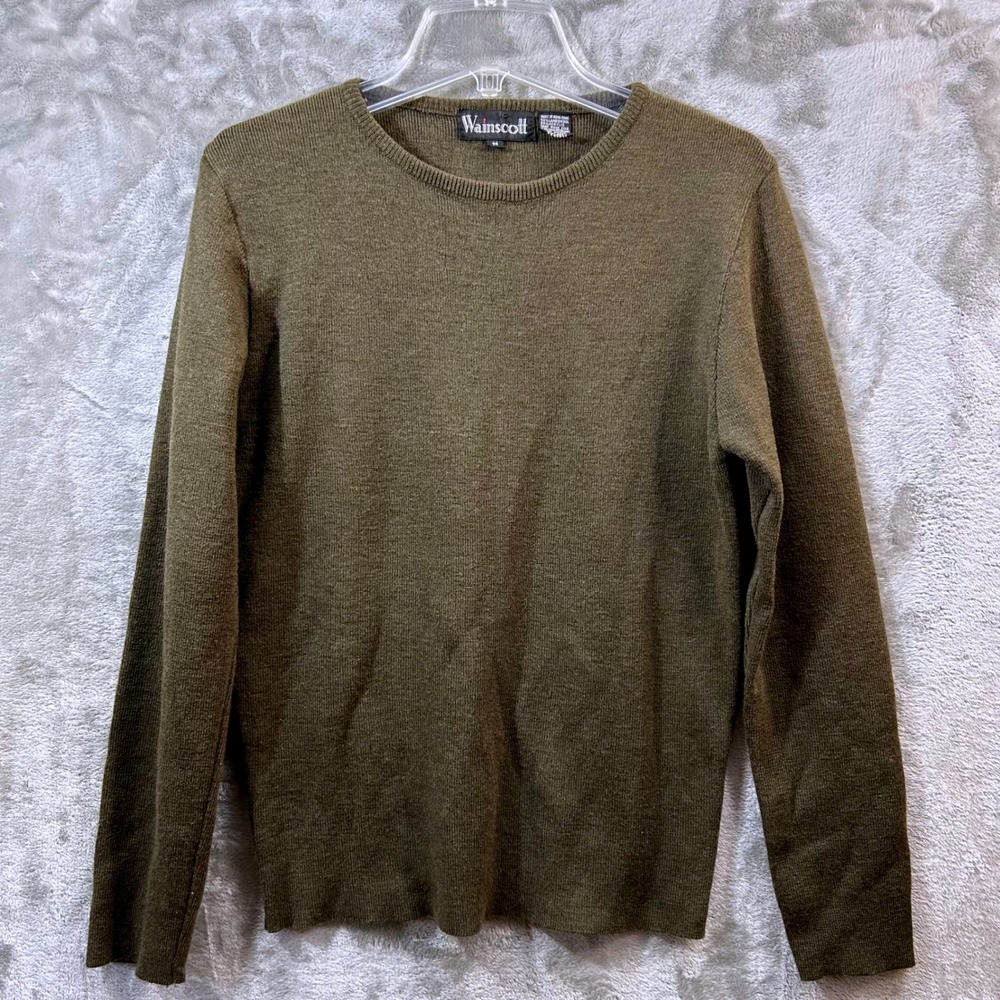 Wainscott‎ Womens Olive Green Lambswool Blend Crewneck Knit Sweater Size M